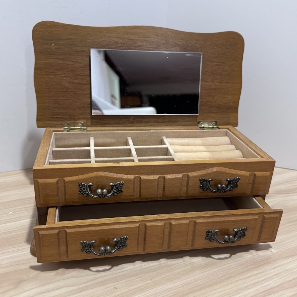 VTG Wooden Jewelry Box w/Mirror 2 Tier Jewelry Cabinet Organizer UCGC Taiwan